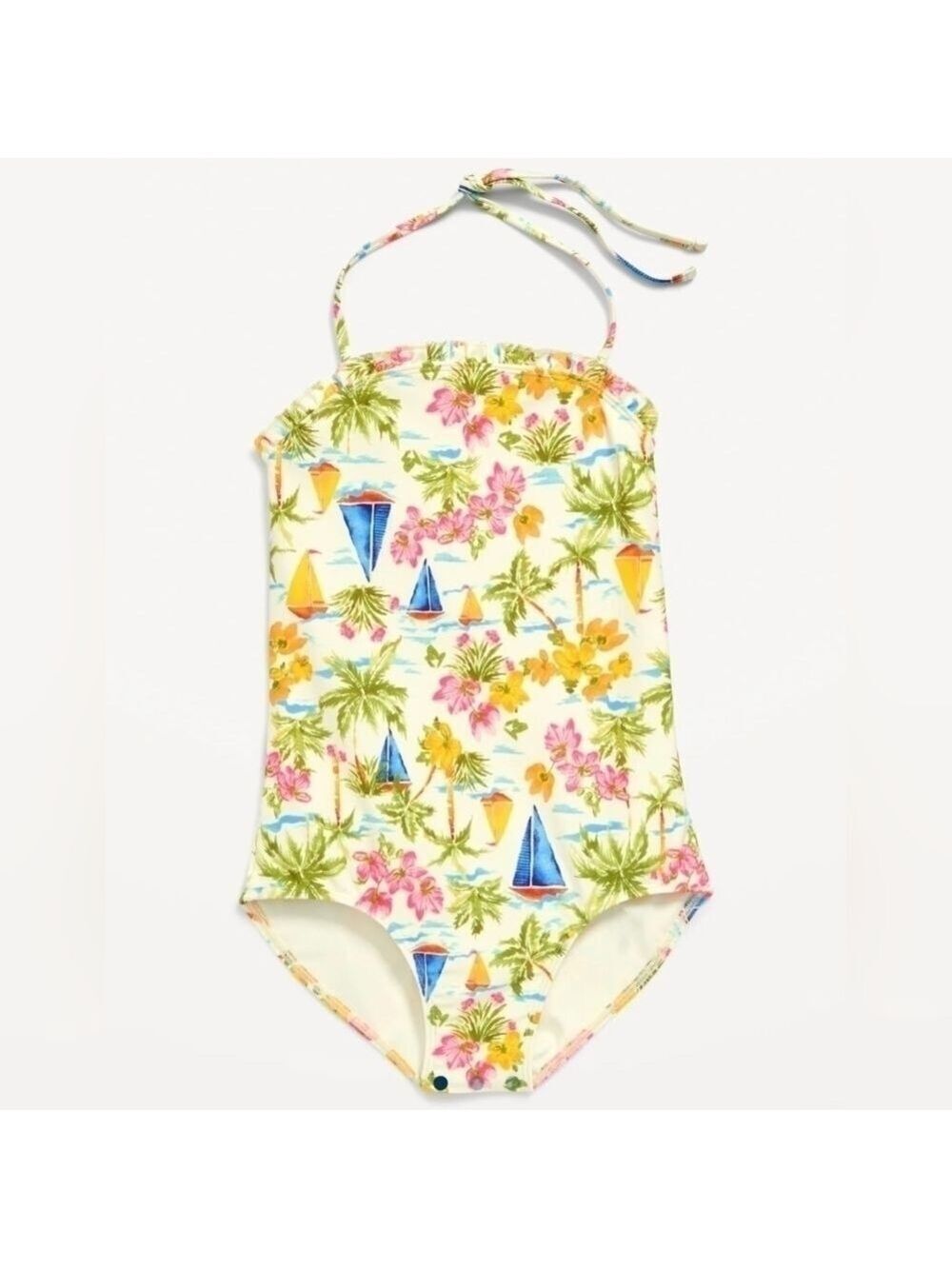 🆕 M (8) • Old Navy • Sailboat Printed Ruffled Halter One-Piece Swimsuit